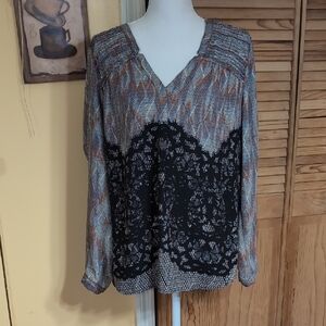 Black Rainn Black and Gray Blouse with Orange Accents Roll Tab Sleeves L